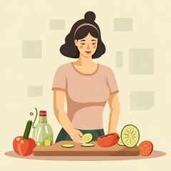 Woman Preparing Cucumbers and Tomatoes: A Calm Kitchen Scene