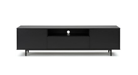 Modern Black Wooden TV Stand with Open Shelf and Drawer