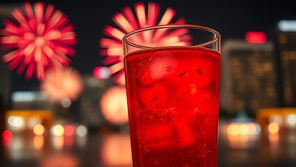 Vibrant fireworks reflected in a chilled Bandung drink, celebrating Singapore National Day with festive lights.