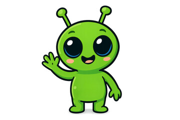 Obraz premium A cute and friendly alien waving hello, with a big smile and expressive eyes. The alien features a unique antenna and a bright green color, symbolizing other planet