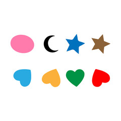 A vibrant vector illustration shows a set of colorful, glossy, 3D stars and heart icons, perfect for web and sticker designs