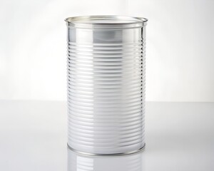 Empty silver metal food can with ribbed sides on a light surface