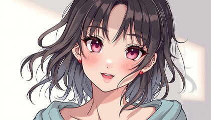 Smiling Anime Style Character with Pink Eyes and Short Hair