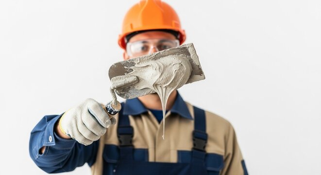 Construction Worker in Safety Gear Holding Trowel with Cement or Mortar, Blurred Face on White Background