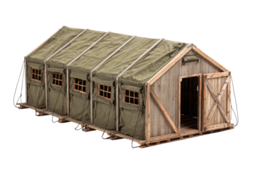 Wooden Military-Style Tent Barracks on Transparent Background