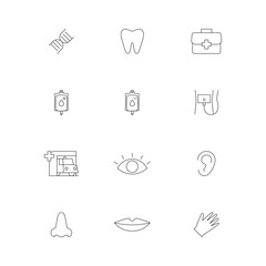 Fototapeta premium Medical and healthcare icon set. Human five sense medicine, and blood donor symbol collection related simple line art design component 