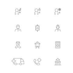 Human medical and healthcare icon set. Outline minimalist web icon element, include symptom indication, emergency, drug medicine, doctor and nurse