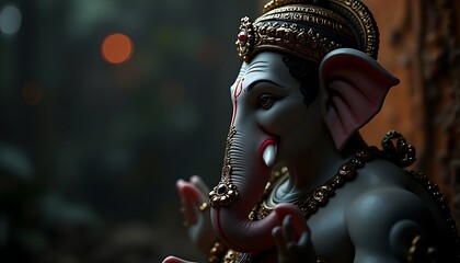 Statue with Crown and Tusk Detail on Dark Background