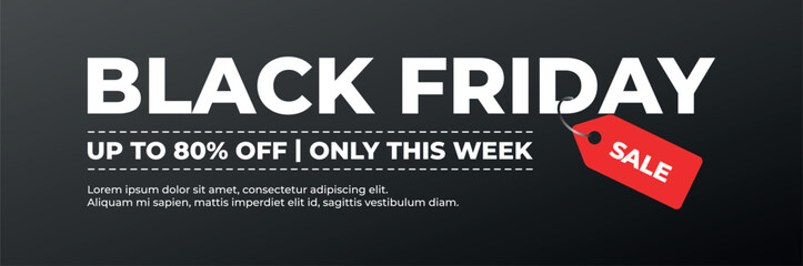 Black Friday banner: SALE tag, up to 80% off, only this week, dark background