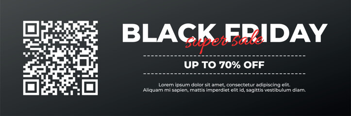 Horizontal Black Friday banner: QR code, super sale, up to 70% off, dark background