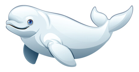 Smiling cartoon beluga whale with large flippers and a friendly face on a white background. Vector illustration