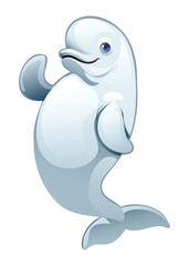 Cheerful cartoon beluga whale waving with its flipper. Vector illustration