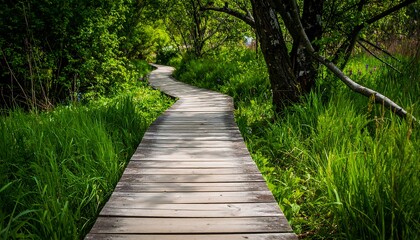 Wooden path winding through lush green forest, inviting exploration and tranquility