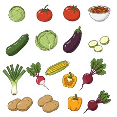 Vibrant array of fresh vegetables displayed in a clean, colorful cartoon illustration style.