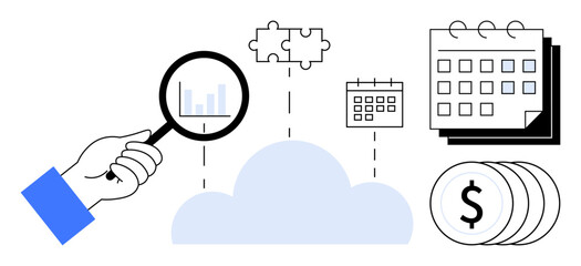 Obraz na płótnie Canvas Hand magnifying data over cloud, puzzle representing solutions, calendar showcasing scheduling, and dollar coins symbolizing financial success. Ideal for data analysis, collaboration, cloud