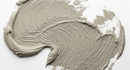 Close-up of wet cement mortar or plaster spread in textured swirling patterns on a white background.