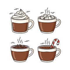 A collection of four handdrawn hot chocolate mugs with whipped cream marshmallows chocolate shavings and a candy cane.