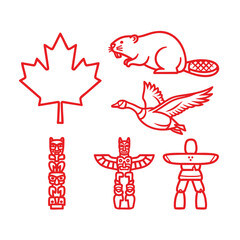 Obraz premium A collection of red outline icons featuring iconic Canadian symbols like the maple leaf beaver and totem pole.