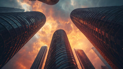 Looking upward between triangular skyscrapers pointing to the sky, thin streaks of clouds floating against a clear blue midday sky