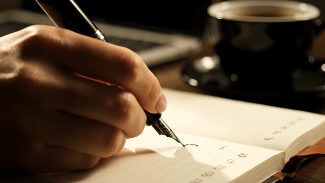 Hand Writes in Journal with Fountain Pen, Coffee Cup and Laptop in Background