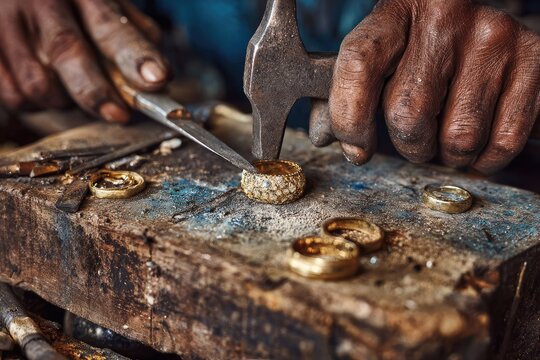 Close-up of hands crafting a jeweled ring with a hammer and tools on a wooden workbench - Powered by Adobe