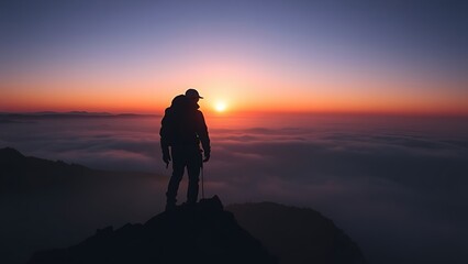 Obraz premium Silhouette of a mountain climber at sunrise, embodying adventure and the spirit of exploration.