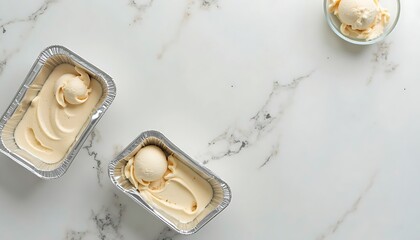 Creamy Ice Cream Scoops in Foil Containers on Marble Surface