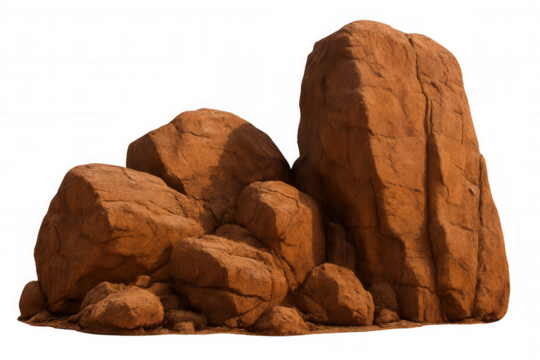 Group of red rocks forming a natural structure, isolated on transparent background, ideal for photo manipulations