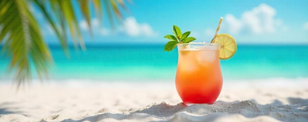 Relaxing beach scene with vibrant cocktails, turquoise water, and white sand  Perfect for summer vacation, travel, and tropical getaway promotions ,  refreshment,  lemon