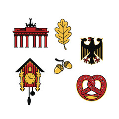 Colorful illustrated set of traditional German cultural icons and national symbols including the Brandenburg Gate eagle pretzel and cuckoo clock.