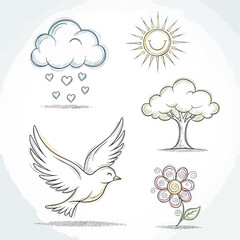 Handdrawn sketch set of nature symbols a dove sun cloud with hearts tree and flower.