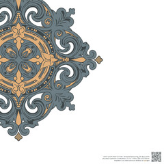 Blue and Gold Vintage Ornament Design on White Background