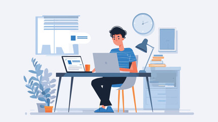 In a modern office space, a young man sits at a tidy desk, intently using a laptop. The room features a plant, books, and a wall clock, creating a productive atmosphere.