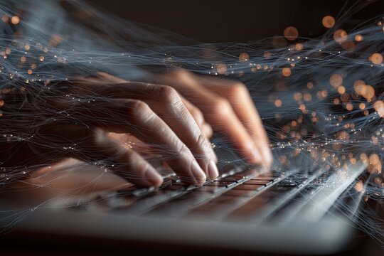 Close-up of hands typing on a keyboard, overlaid with digital network