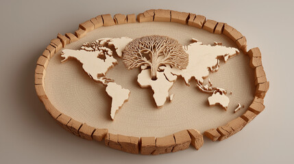 Wooden World Map With Tree Silhouette