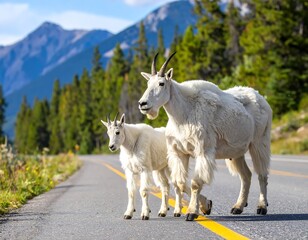 Mountain goats on a highway