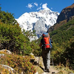 Hiker with backpack walks on a trail towards a majestic snow-capped mountain.
