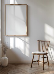 Empty white canvas in wooden frame on the wall