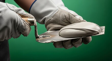 Close-up of Hands in Dirty Gloves Holding a Trowel with Cement Mortar