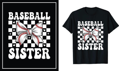 Baseball Sister Cute Checkerboard T-Shirt Design with Bow, Hearts, and Stitch Details for Game Day Fans
