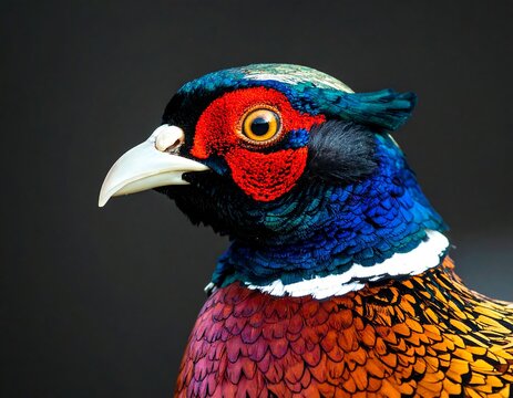 Close-up profile of a pheasant, vibrant plumage colors