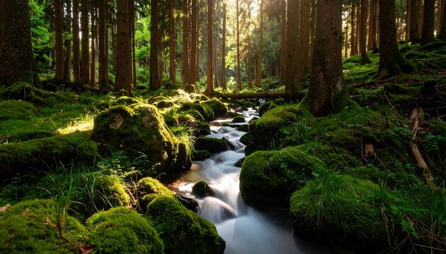 Sunlight streams through a mossy forest stream