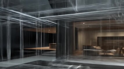 Architectural rendering of a house interior, showcasing a digital blueprint overlayed on a blurry view of the interior