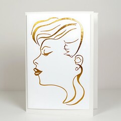 Face Line Art Card in Gold Tones Profile View on White