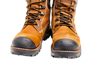 pair of brown leather hiking boots with black toe caps isolated on transparent