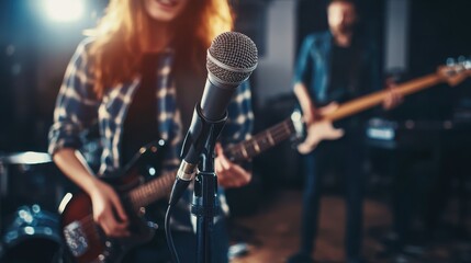 People, band and music practice with singer, microphone and electric guitar for concert rehearsal at home. Musician group, vocal training and recording song, track and audio with team work in garage