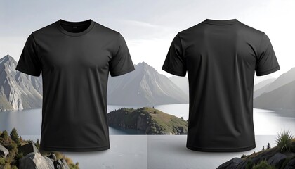 Mockup of a black t-shirt against a scenic backdrop