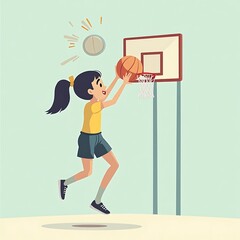 Girl Shooting Basketball Toward Hoop in Cartoon Style