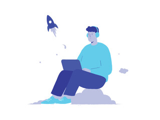 Obraz premium A person sits on a cloud, wearing headphones and focused on their laptop. Above them, a rocket is taking off, symbolizing ideas or projects being launched into the world.