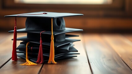 A neat stack of graduation caps on a wooden surface, radiating a sense of achievement and celebration.